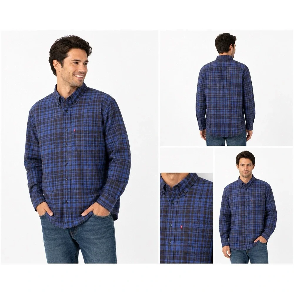 Levi's Mens XXL Plaid Flannel Shirt Blue Black 100% Cotton Long Sleeve Button Up